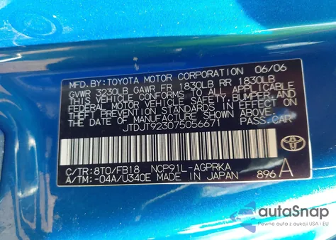 2007 Toyota Yaris из США, поврежденный, VIN JTDJT923075056671